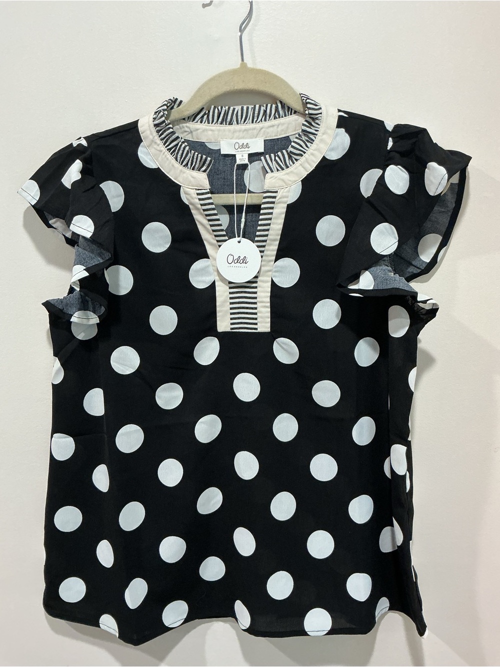Oddi Black & White Polka Dot Ruffle Sleeve Blouse NWT Size S